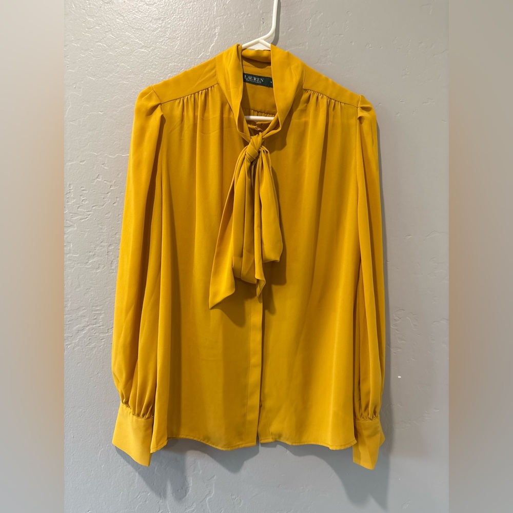 Lauren Ralph Lauren Mustard Yellow Tie Neck Long Sleeve Blouse